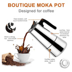 CAFETERA ITALIANA 9 TAZAS – Acero Inoxidable | 300ml | Base Ancha | Válvula de Seguridad | Para Inducción