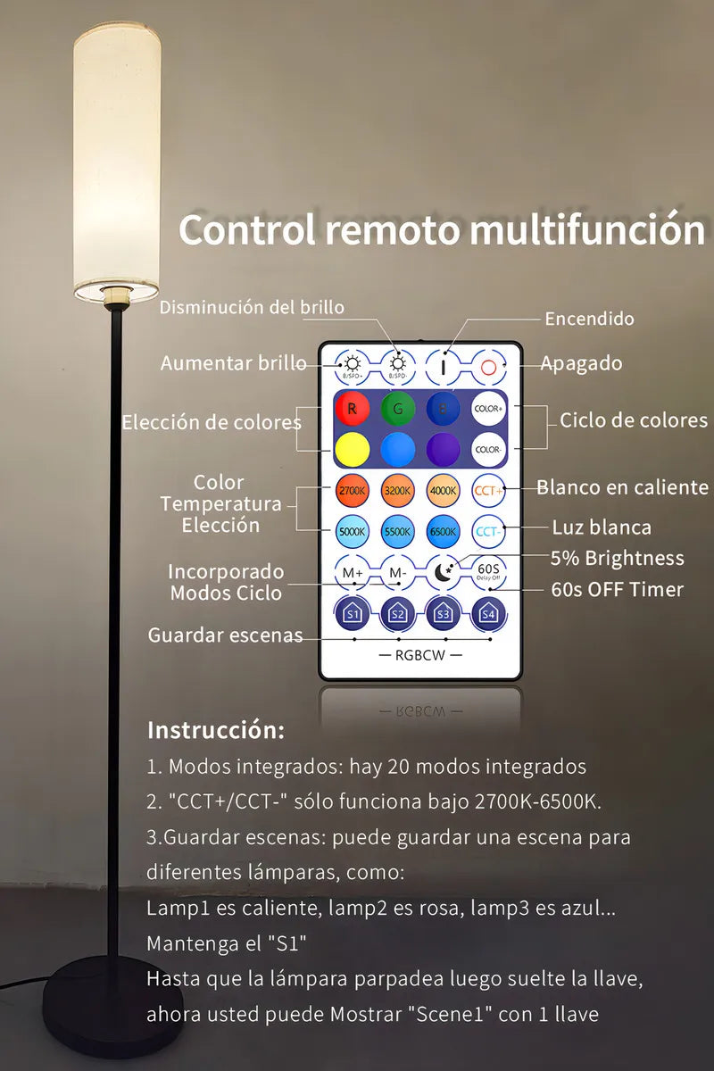 LÁMPARA DE PISO INTELIGENTE ATIKUS – 1.75m | WiFi + Alexa + Google Home + Siri | RGB + Regulación Continua | Foco LED Incluido