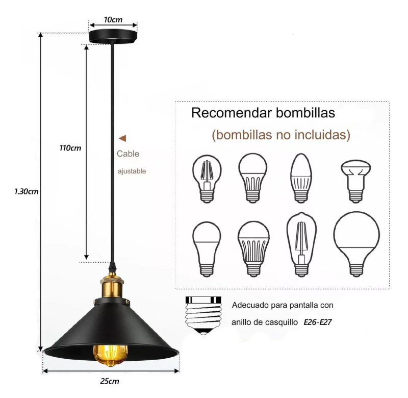 LÁMPARA COLGANTE INDUSTRIAL NOIR GOLD – Negro Mate + Detalles Dorados | INCLUYE BOMBILLO E27 | Cable Ajustable