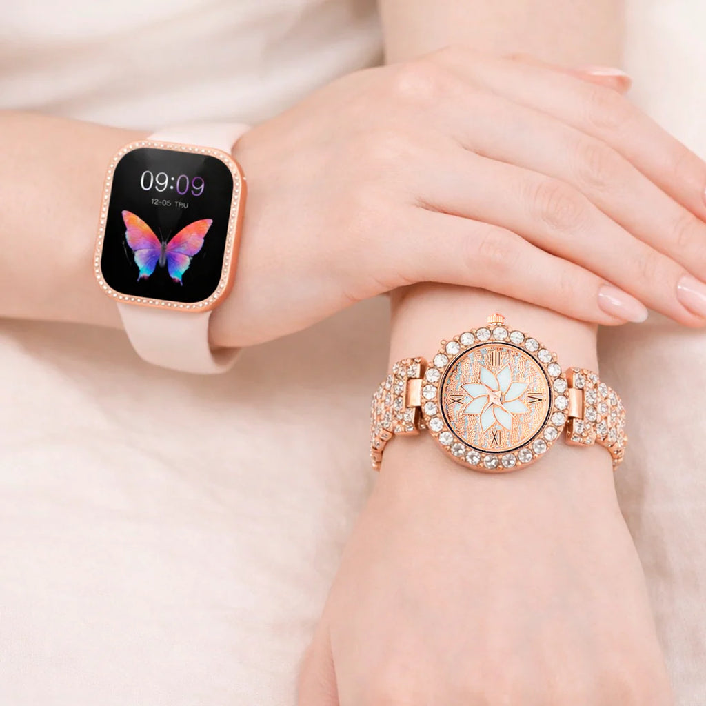 SMARTWATCH 2 EN 1 PARA MUJER – Reloj Inteligente + Reloj Analógico de Lujo + Flor LED Decorativa