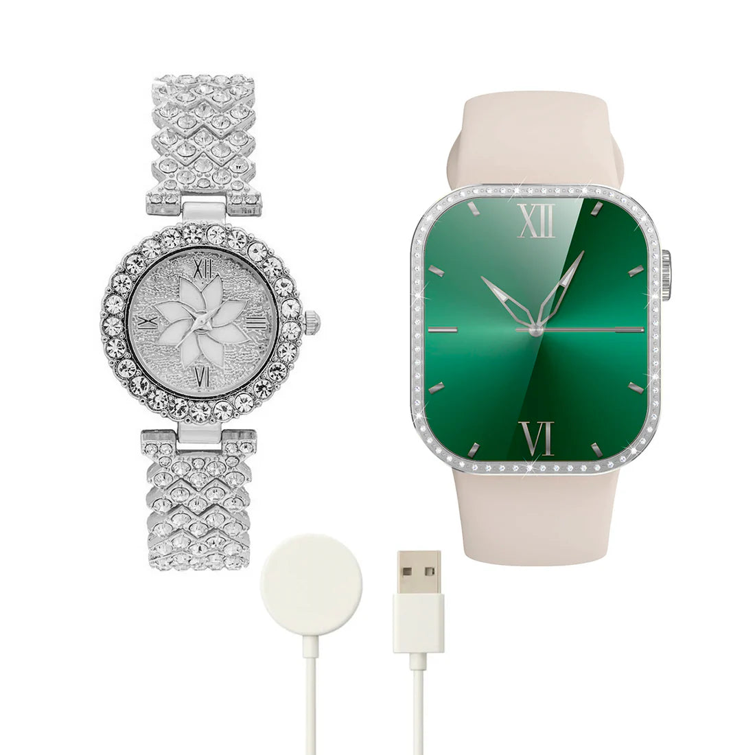 SMARTWATCH 2 EN 1 PARA MUJER – Reloj Inteligente + Reloj Analógico de Lujo + Flor LED Decorativa