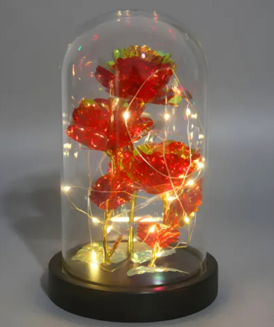 ROSA ETERNA CON CÚPULA DE CRISTAL – Plástico Tornasolado + Luces LED + Funciona con Pilas