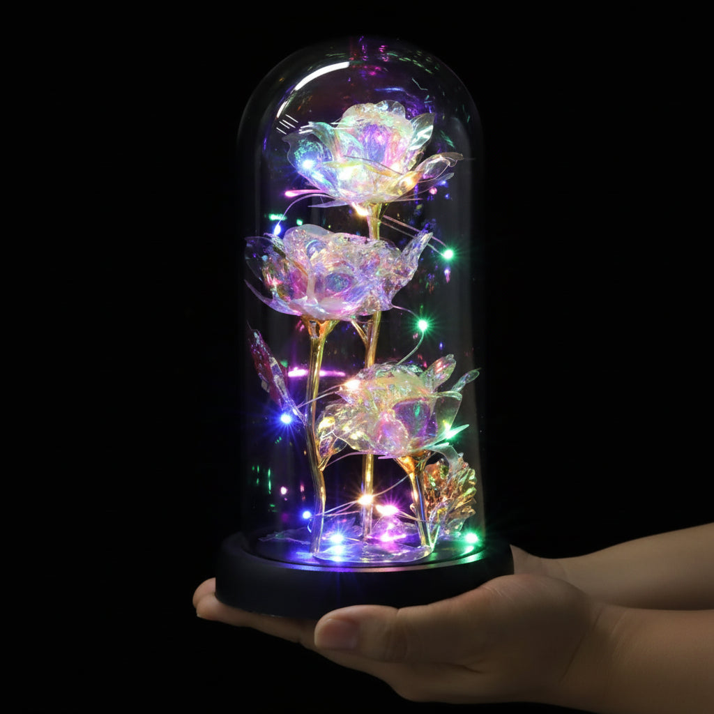 ROSA ETERNA CON CÚPULA DE CRISTAL – Plástico Tornasolado + Luces LED + Funciona con Pilas