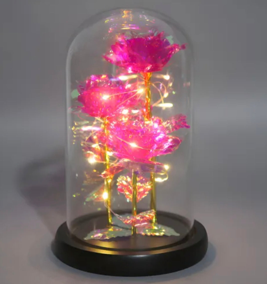 ROSA ETERNA CON CÚPULA DE CRISTAL – Plástico Tornasolado + Luces LED + Funciona con Pilas