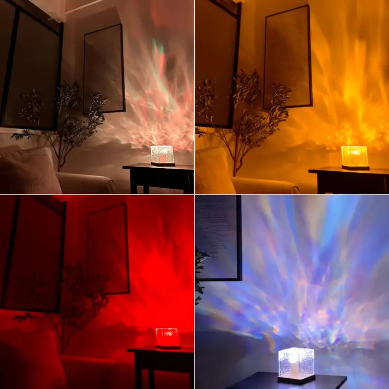 LÁMPARA AURORA GLOW – Medianoche | Efecto Olas de Agua + Sombra | 16 Colores RGB | Control Remoto | USB