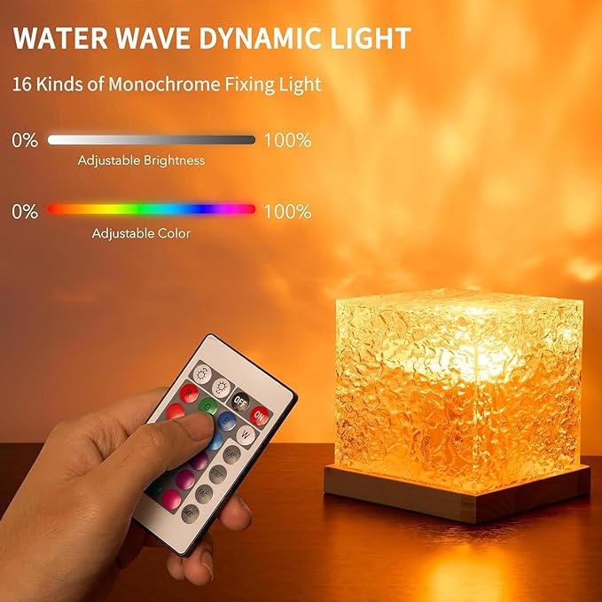 LÁMPARA AURORA GLOW – Medianoche | Efecto Olas de Agua + Sombra | 16 Colores RGB | Control Remoto | USB