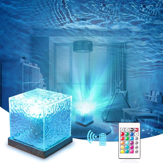 LÁMPARA AURORA GLOW – Medianoche | Efecto Olas de Agua + Sombra | 16 Colores RGB | Control Remoto | USB