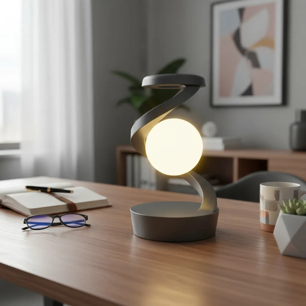 LÁMPARA DE MESA LEVITANTE 3D – Flotación Magnética + Carga Inalámbrica + Control por Gesto + Batería Recargable