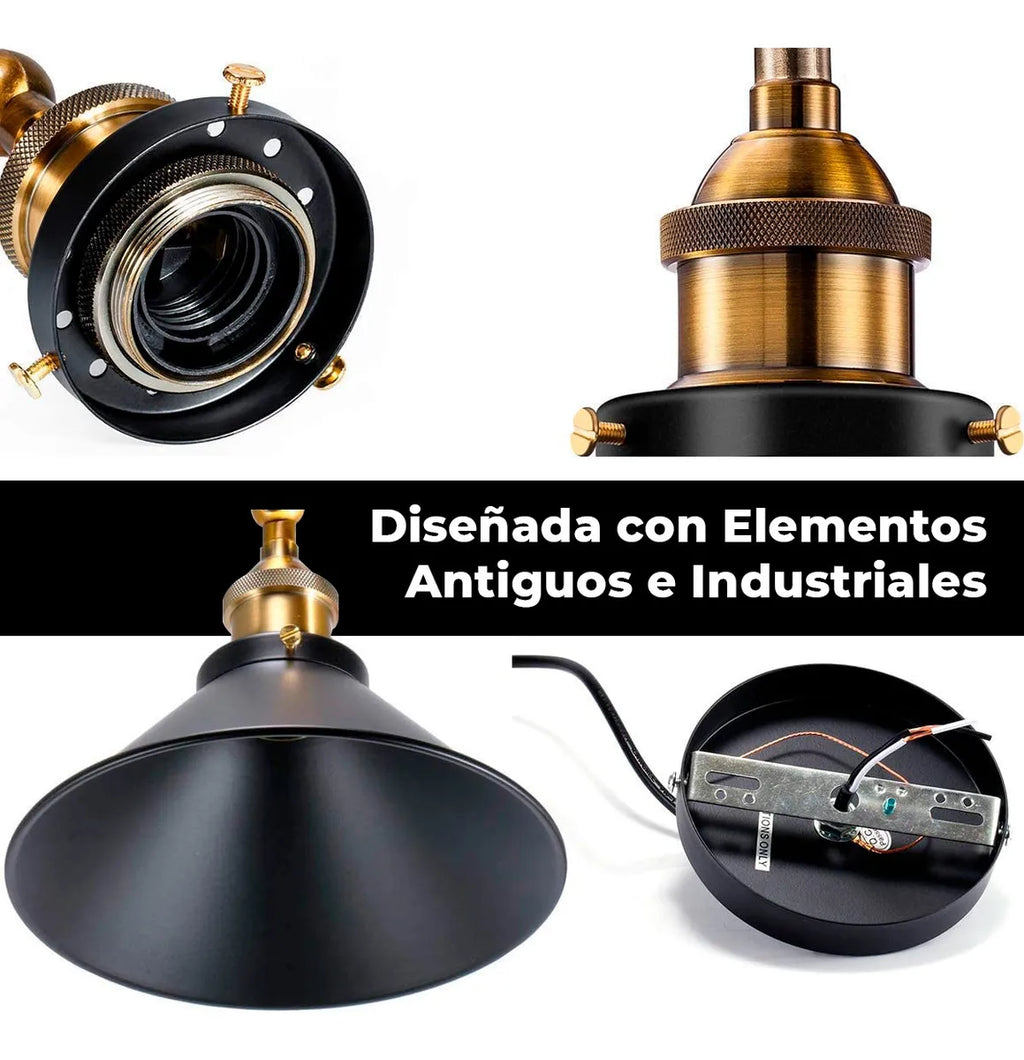 LÁMPARA COLGANTE INDUSTRIAL NOIR GOLD – Negro Mate + Detalles Dorados | INCLUYE BOMBILLO E27 | Cable Ajustable