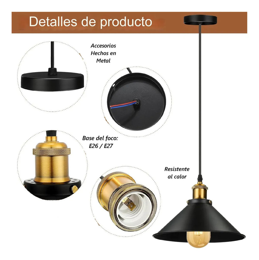 LÁMPARA COLGANTE INDUSTRIAL NOIR GOLD – Negro Mate + Detalles Dorados | INCLUYE BOMBILLO E27 | Cable Ajustable
