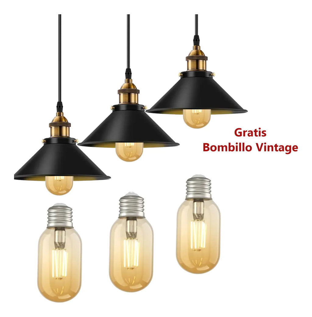 LÁMPARA COLGANTE INDUSTRIAL NOIR GOLD – Negro Mate + Detalles Dorados | INCLUYE BOMBILLO E27 | Cable Ajustable