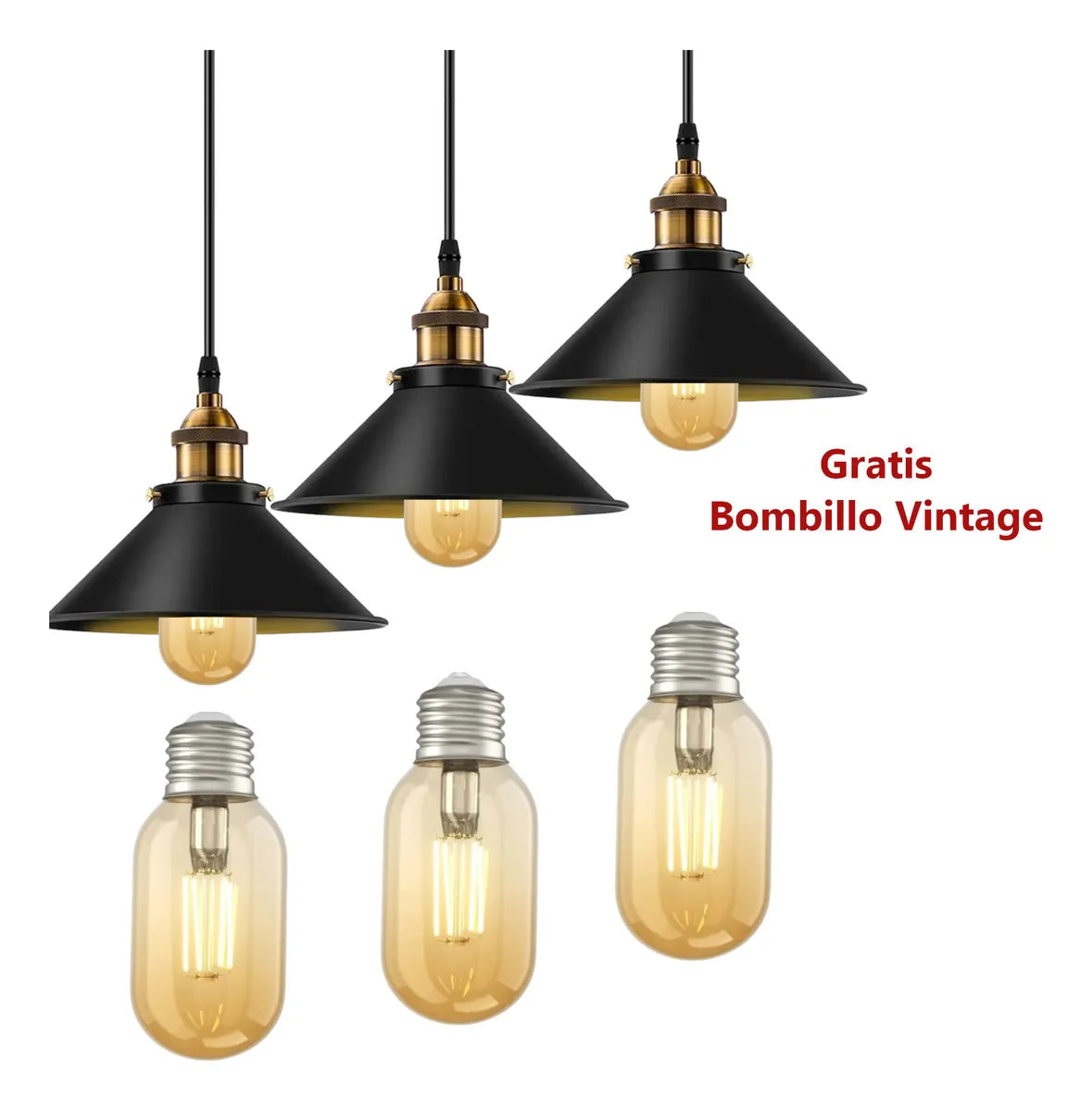 LÁMPARA COLGANTE INDUSTRIAL NOIR GOLD – Negro Mate + Detalles Dorados | INCLUYE BOMBILLO E27 | Cable Ajustable