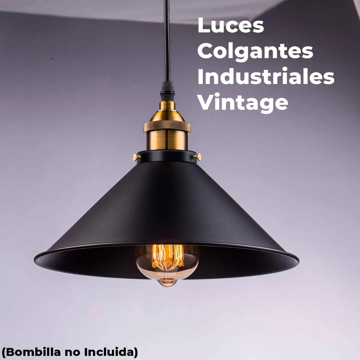 LÁMPARA COLGANTE INDUSTRIAL NOIR GOLD – Negro Mate + Detalles Dorados | INCLUYE BOMBILLO E27 | Cable Ajustable