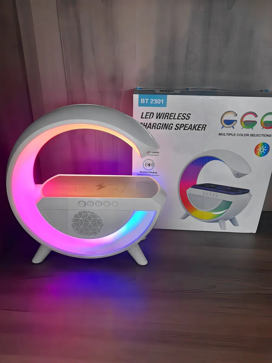 LÁMPARA G – Base de Carga Inalámbrica 15W + Altavoz Bluetooth + Luz Ambiental + RELOJ