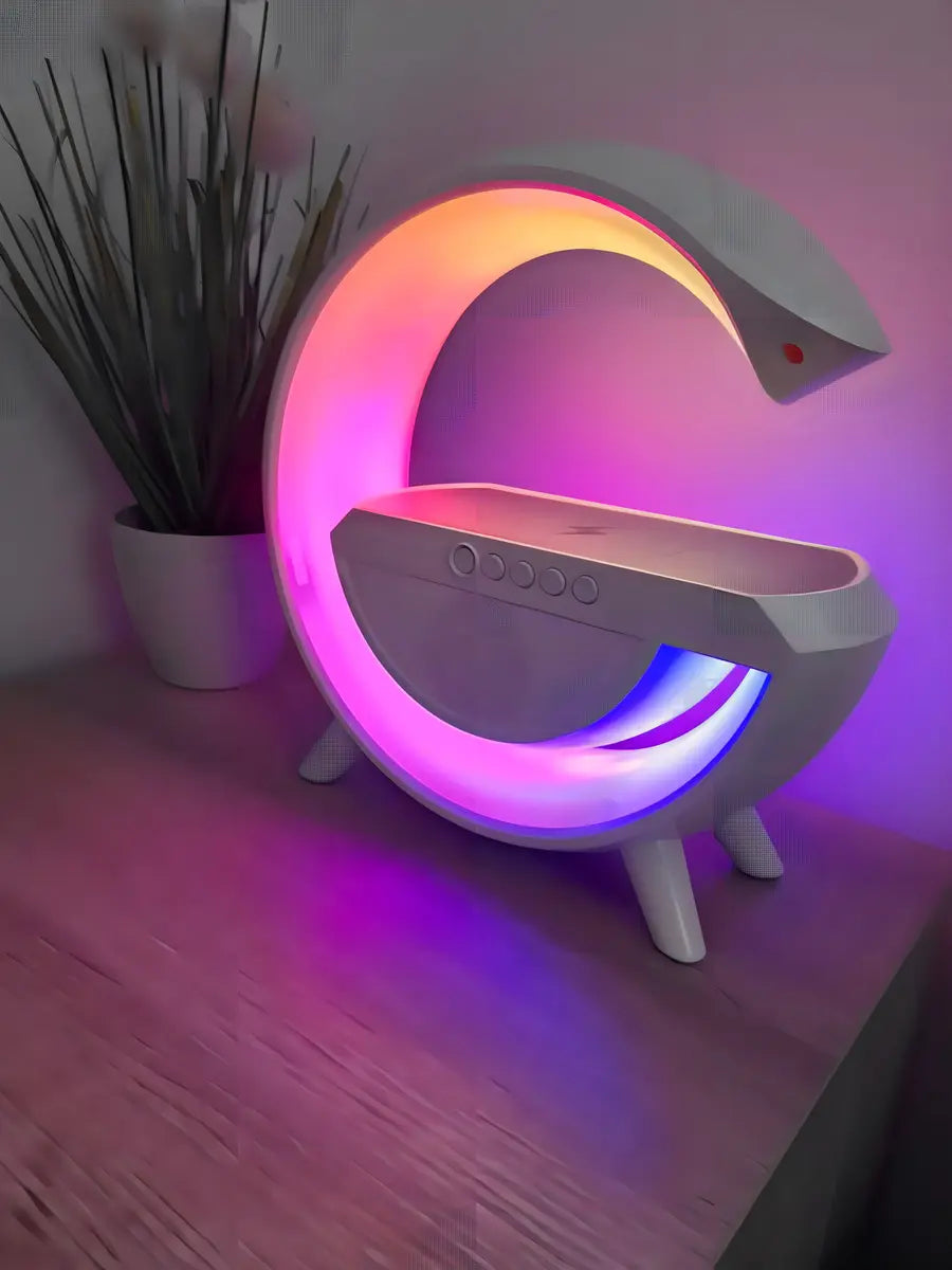 LÁMPARA G – Base de Carga Inalámbrica 15W + Altavoz Bluetooth + Luz Ambiental + RELOJ