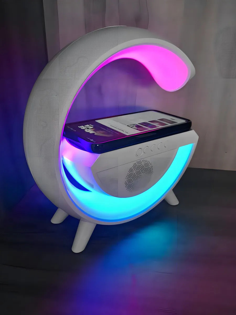 LÁMPARA G – Base de Carga Inalámbrica 15W + Altavoz Bluetooth + Luz Ambiental + RELOJ