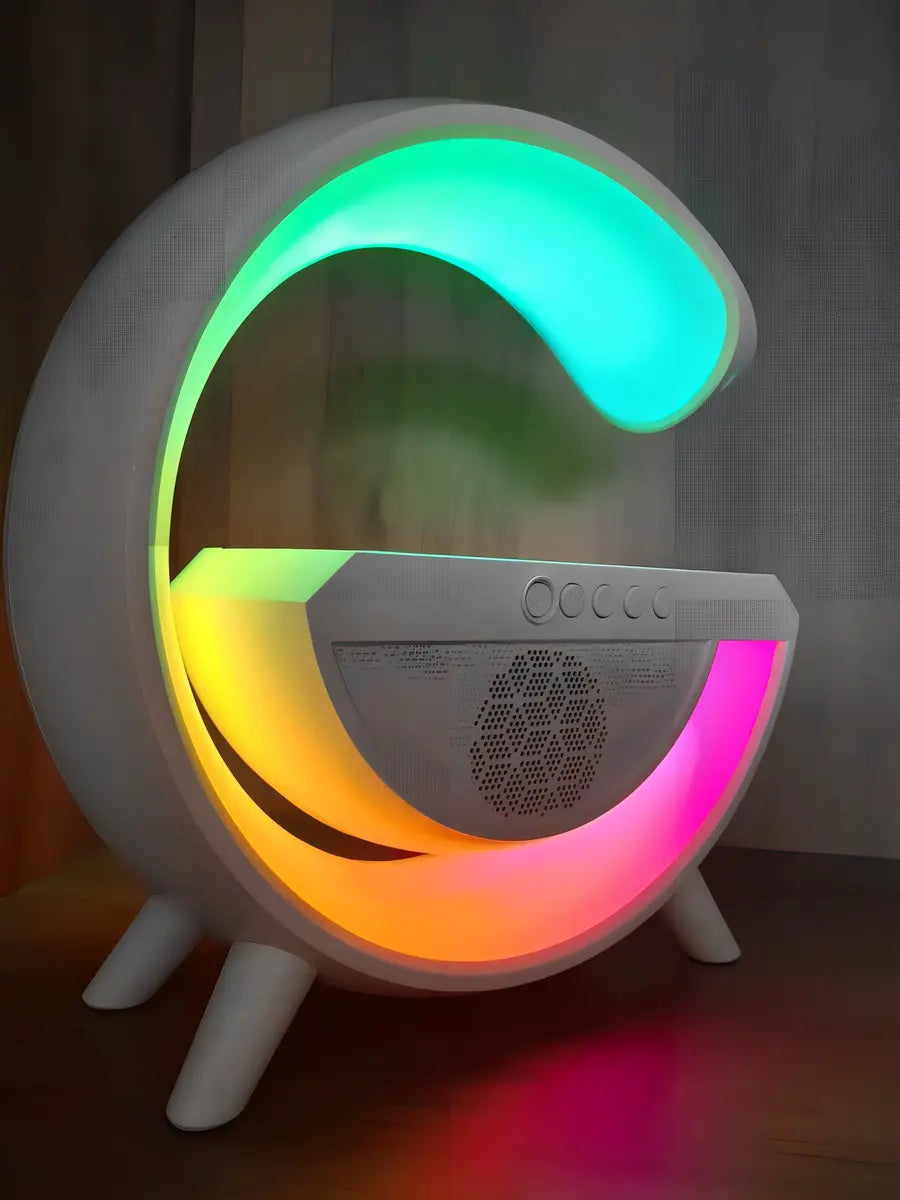LÁMPARA G – Base de Carga Inalámbrica 15W + Altavoz Bluetooth + Luz Ambiental + RELOJ
