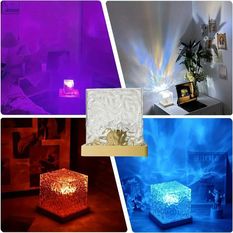 LÁMPARA AURORA GLOW – Medianoche | Efecto Olas de Agua + Sombra | 16 Colores RGB | Control Remoto | USB